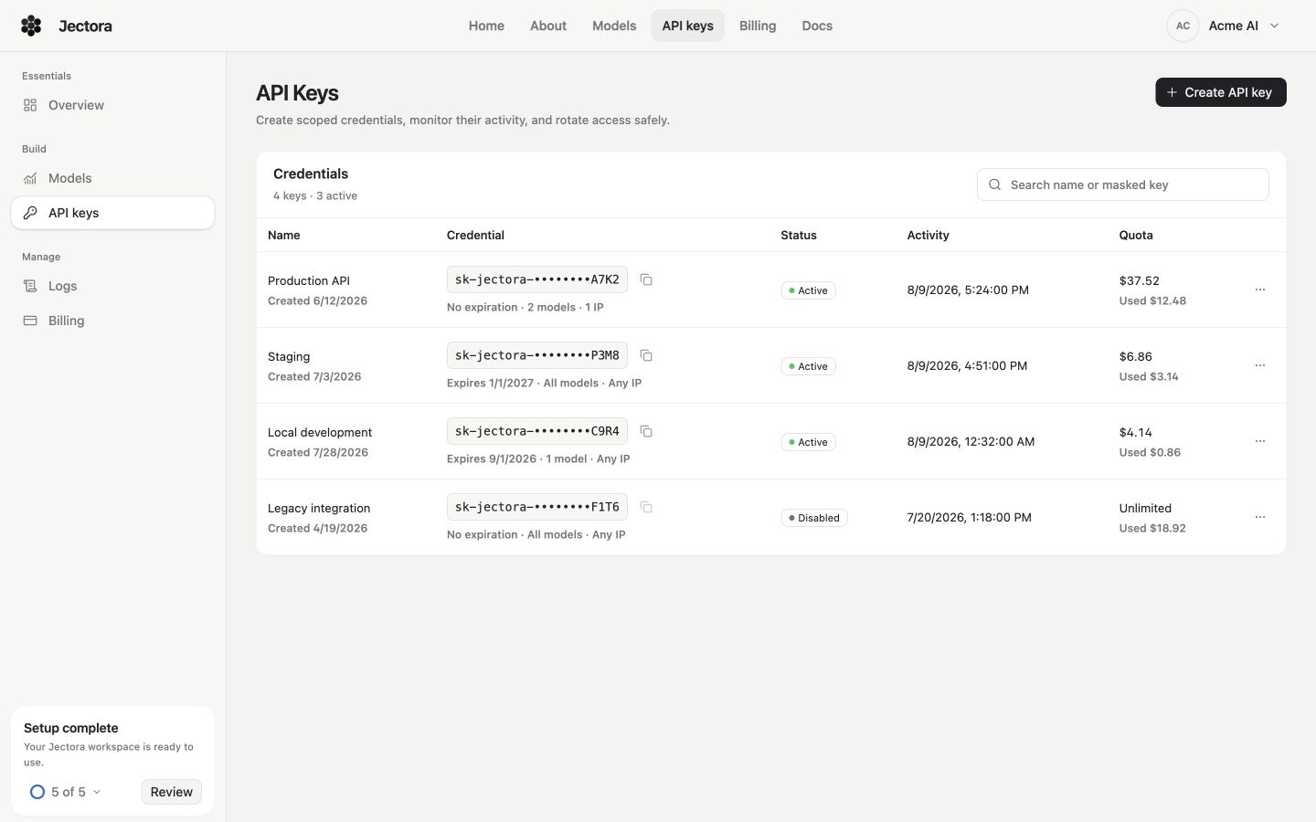 Jectora API Keys page showing scoped production, staging, and development credentials