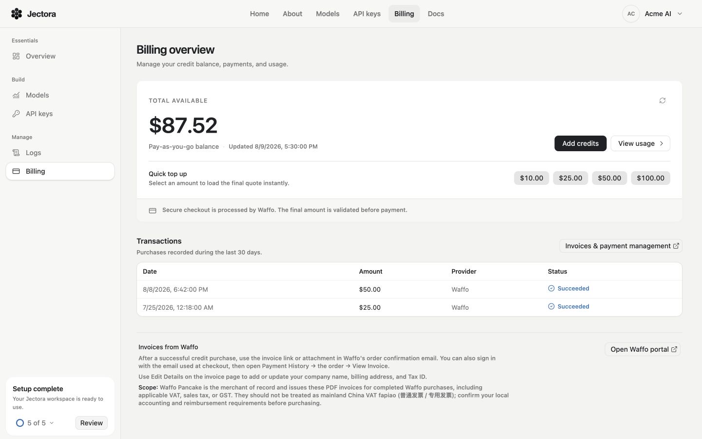 Jectora Billing page showing completed Waffo transactions, the invoice management link, and invoice guidance
