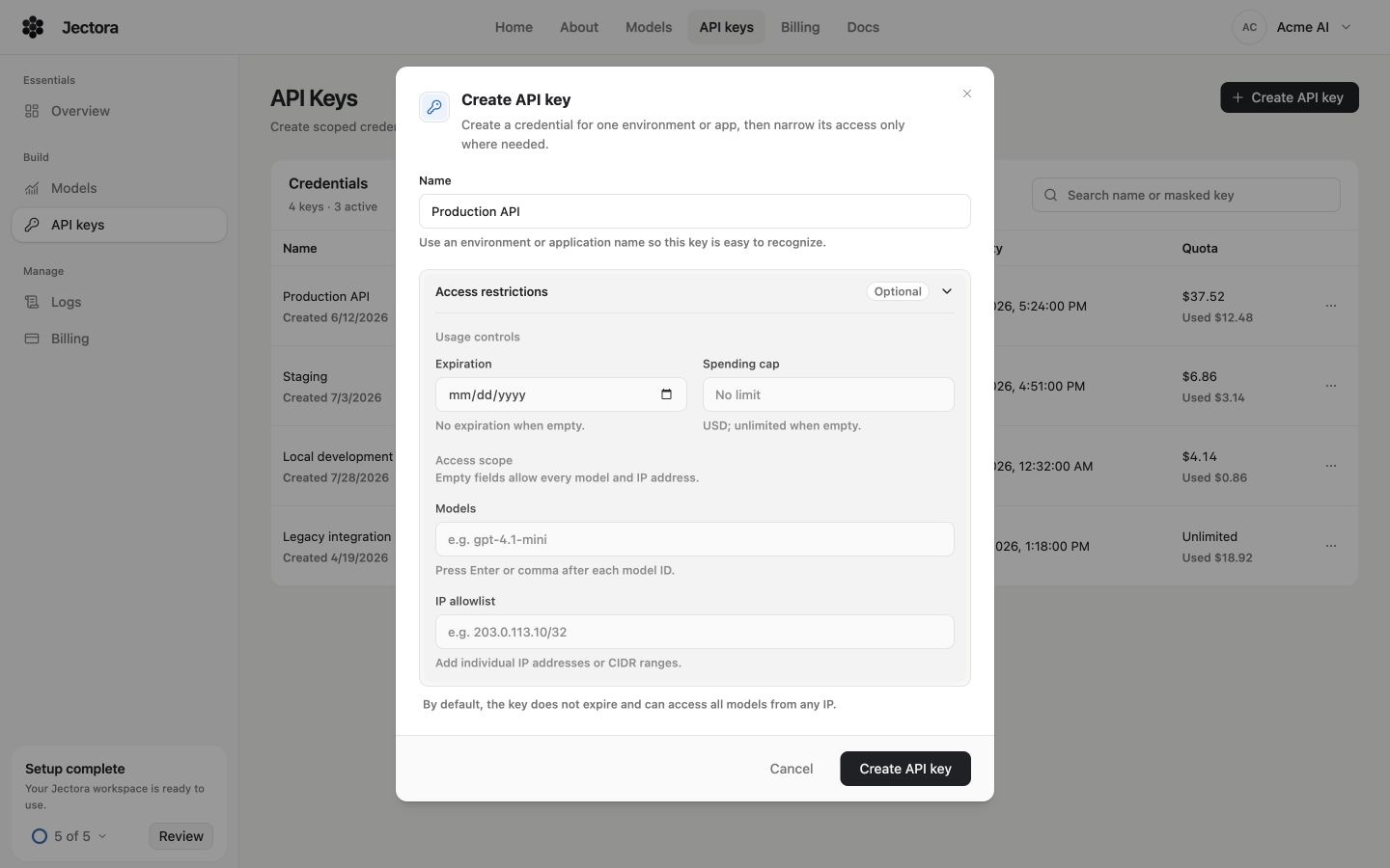 Create API key dialog with expiration, spending cap, model access, and IP allowlist fields