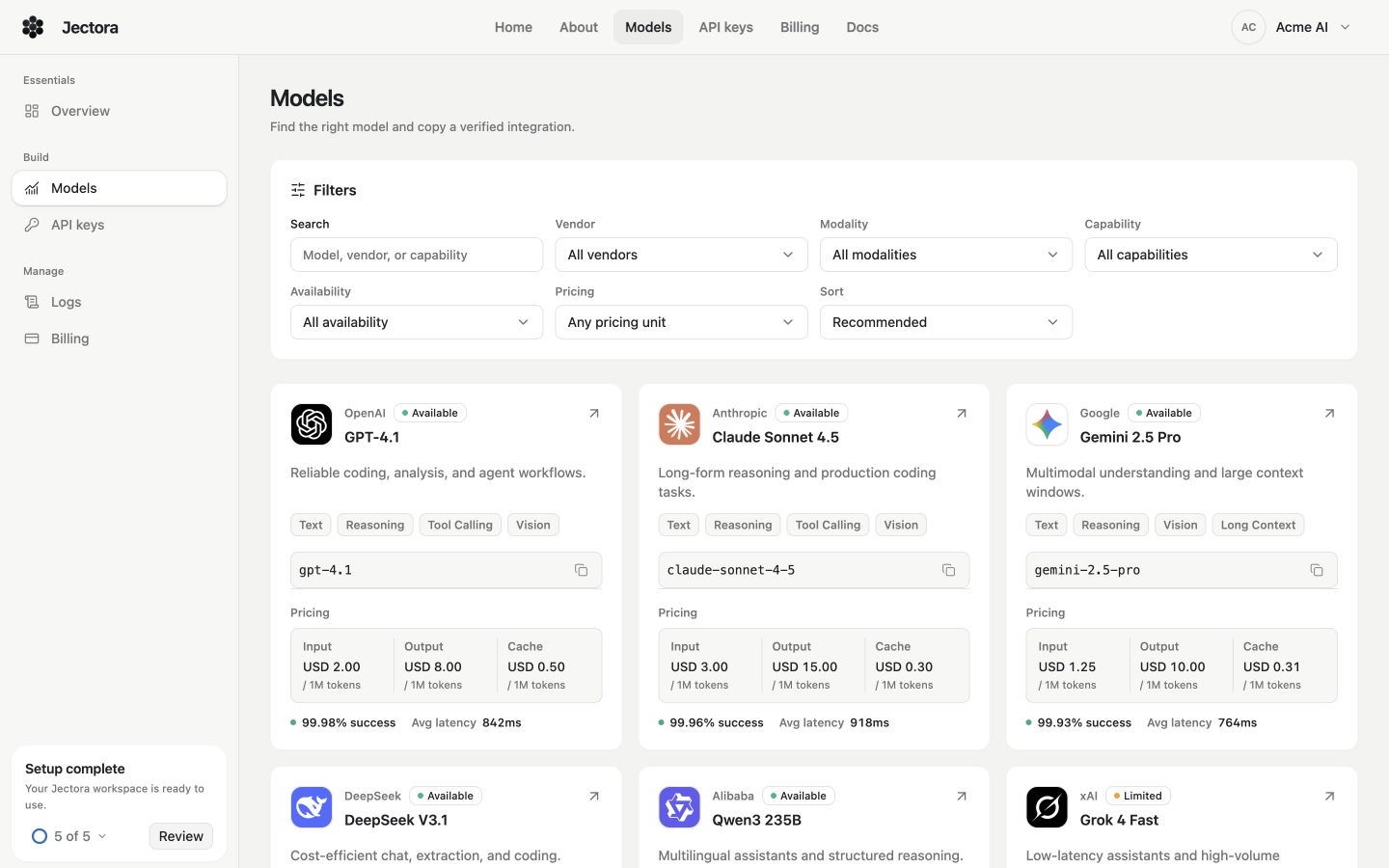 Jectora model catalog showing model filters, availability, pricing, and health