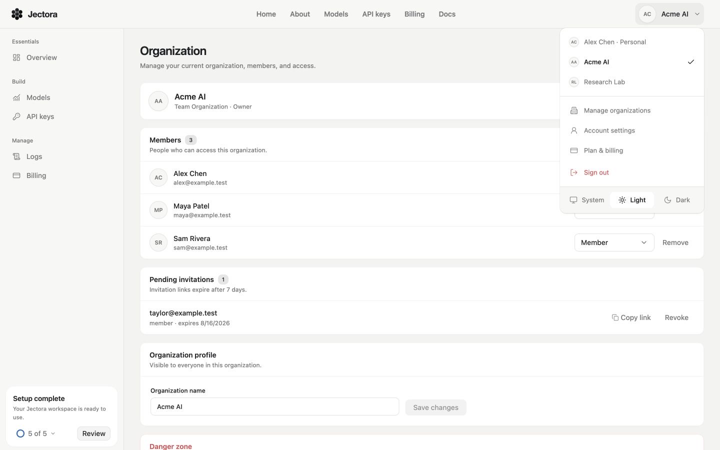 Jectora Dashboard account menu showing a personal organization and two team organizations